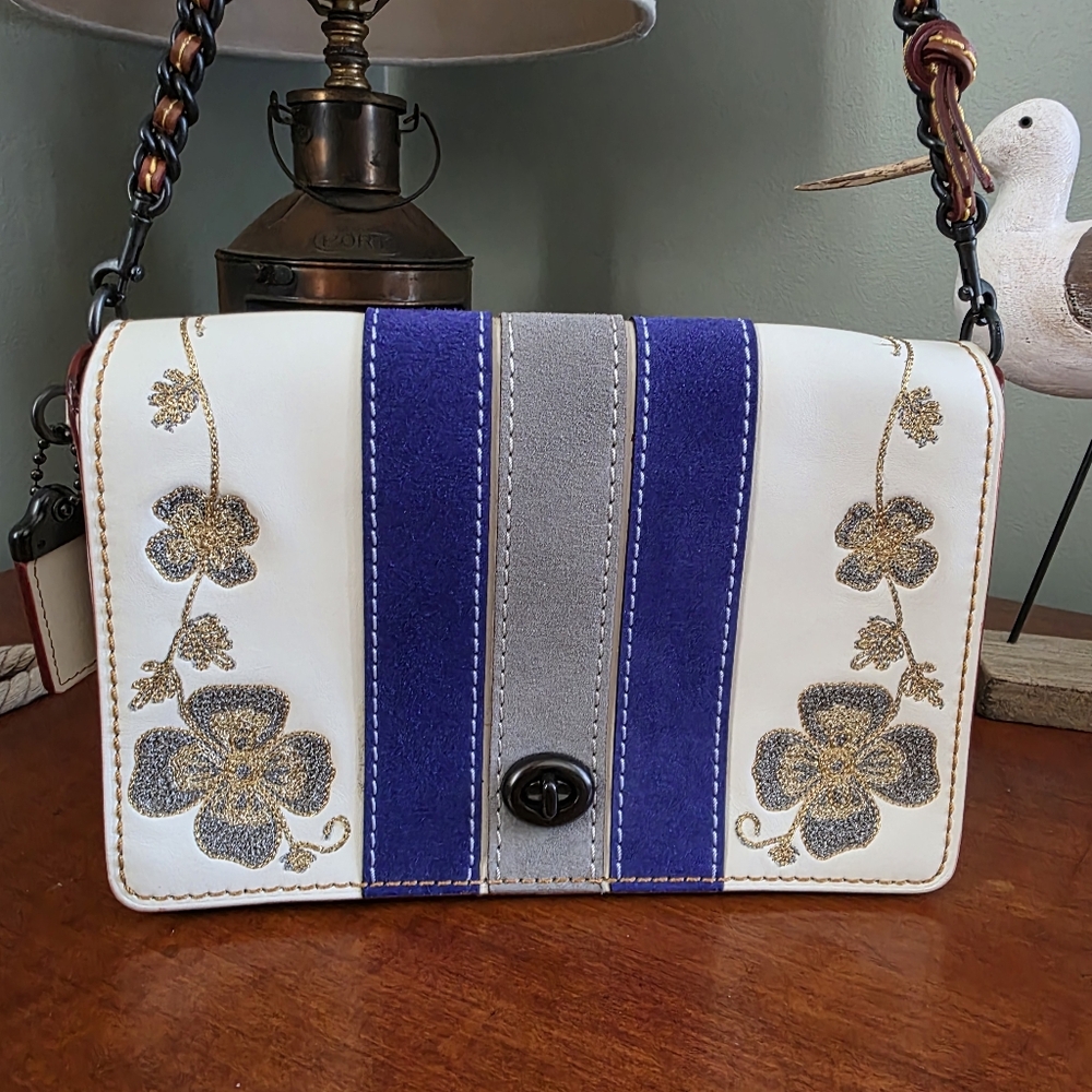 Coach 56671 Dinky 24 Western Embroidered Crossbody White Blue Suede Leather Bag